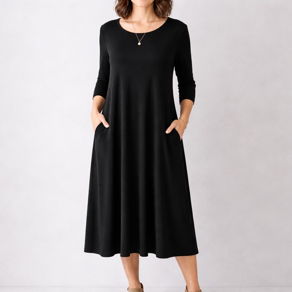 Eileen Fisher Black Midi A-Line Dress with Pockets